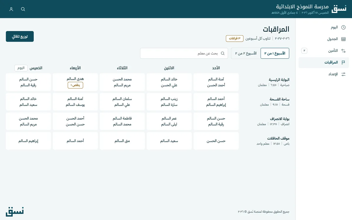 جدول المراقبات: البوابة الرئيسية وساحة الفسحة وبوابة الانصراف وموقف الحافلات خلال أيام الأسبوع
