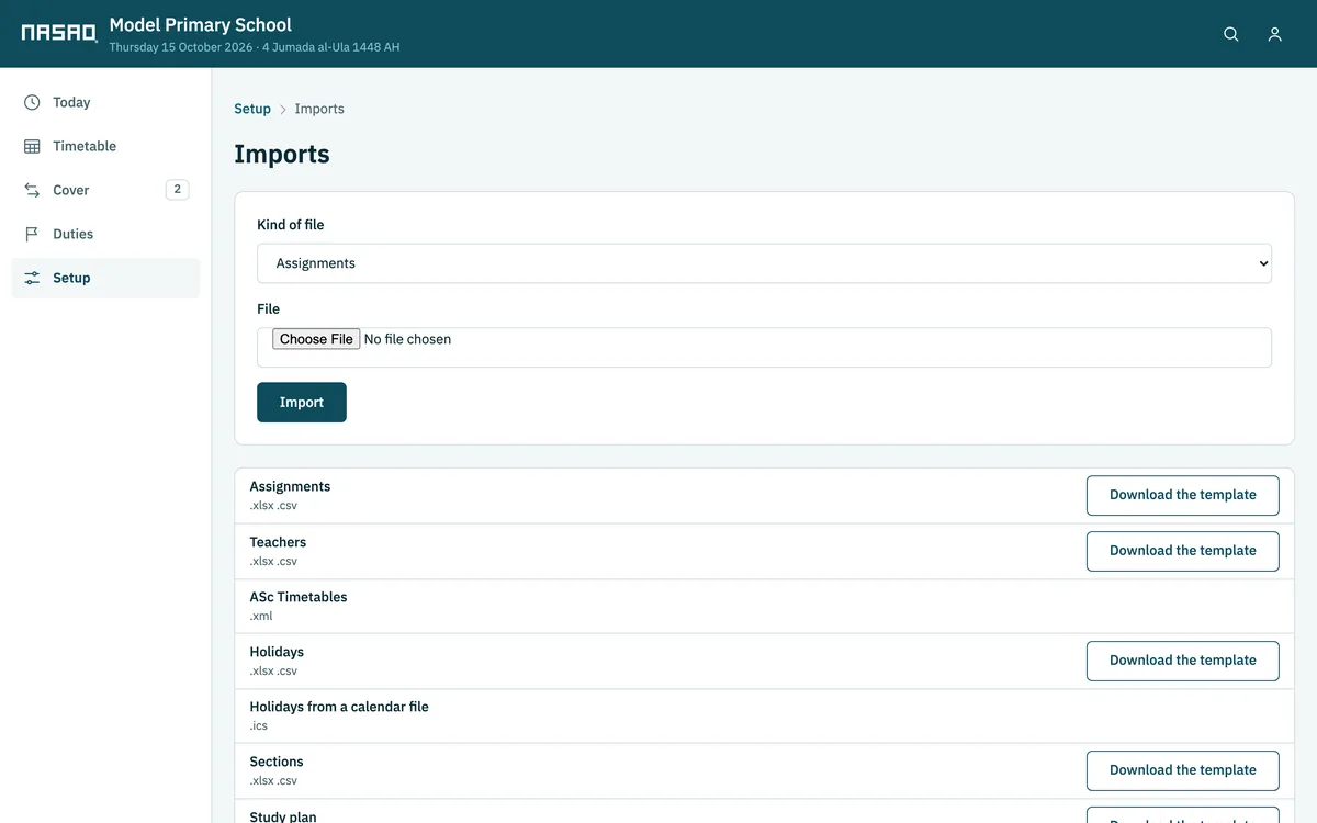 The import screen: accepted file types and Excel templates to download