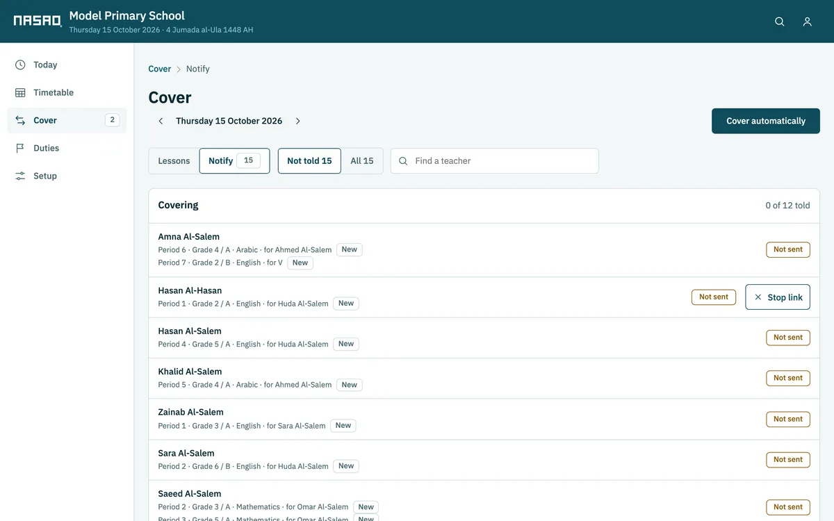 The notify screen: teachers with assignments today and the sending status of each