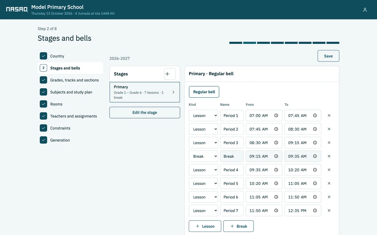 Step 2 of setup: the primary stage's bell with its periods and break
